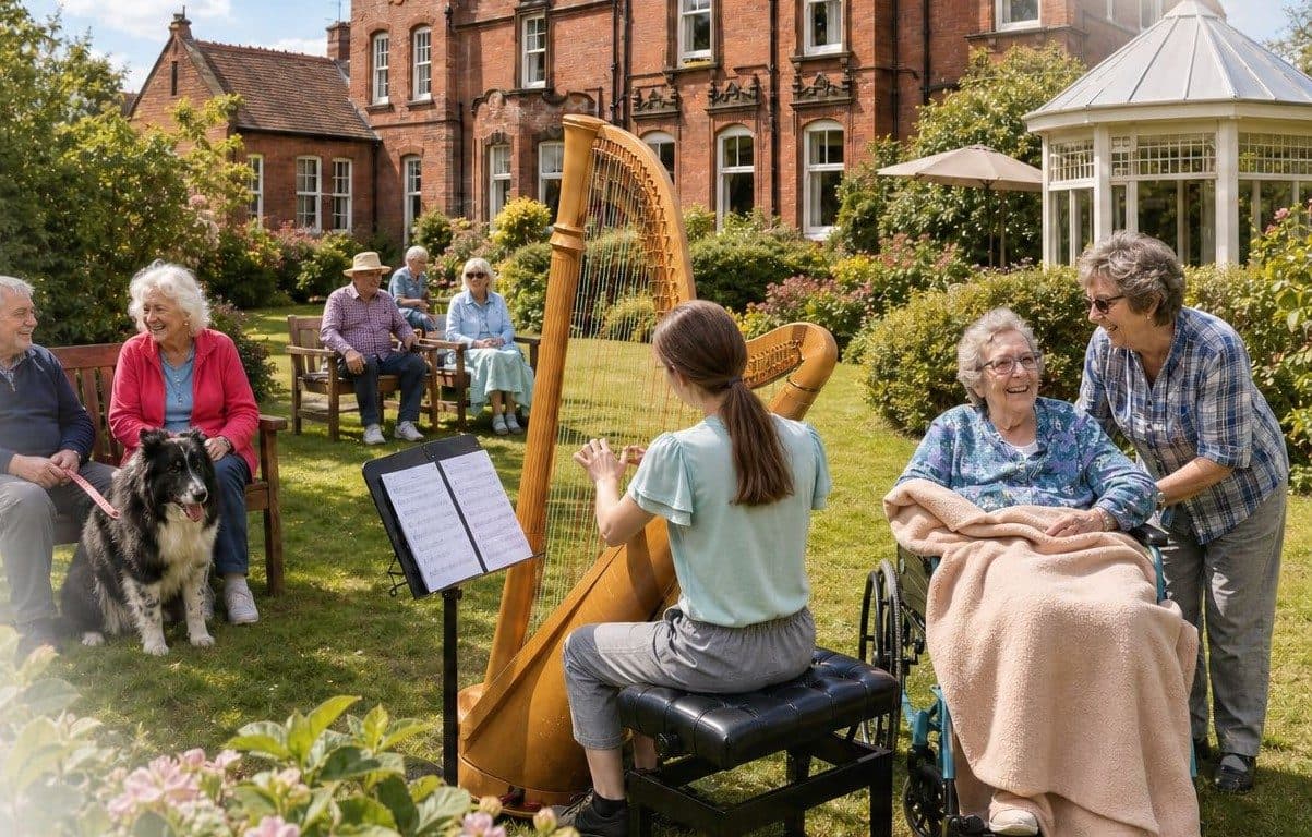 Residents listening to a harp recital in the garden at Canwick House